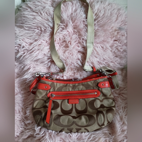 Coach Handbags - Coach Signature Crossbody Shoulder Leather Trim Tan Orange Handbag Purse